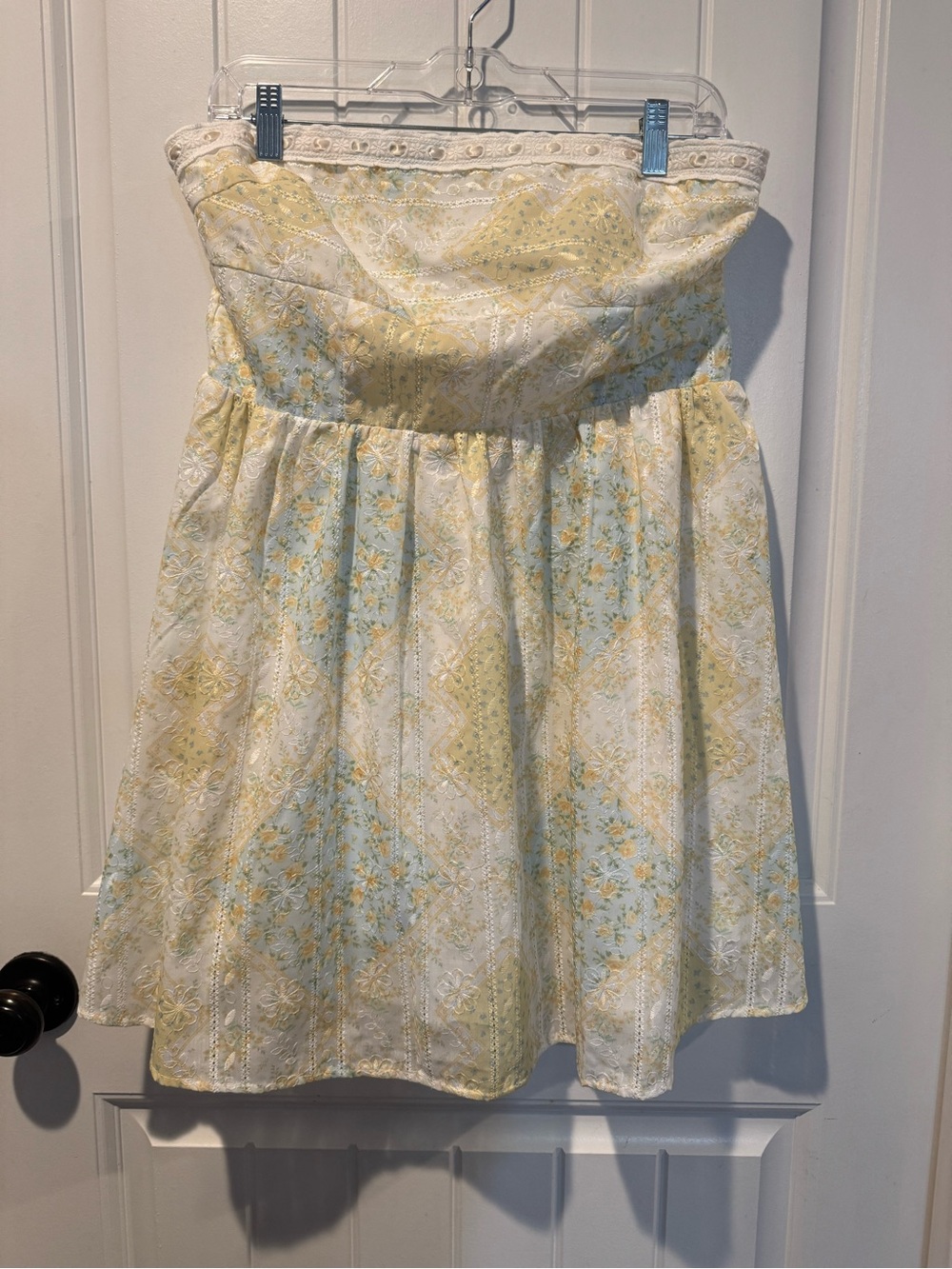 Altar'd State Strapless Mini Patchwork Dress in Yellow & Light Blue Floral